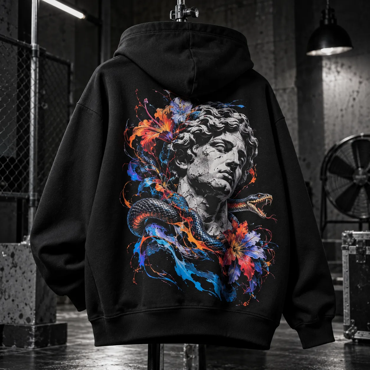 Schwarzes Oversize-Streetwear-T-Shirt mit einer markanten abstrakten Typografie-Grafik