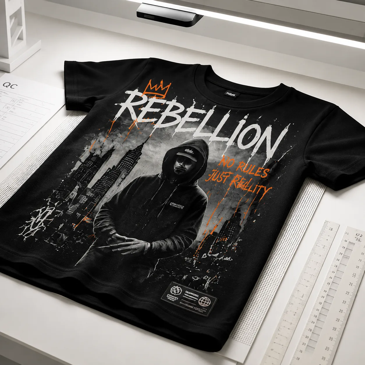 Quality checker reviewing finished custom T-shirts before packing