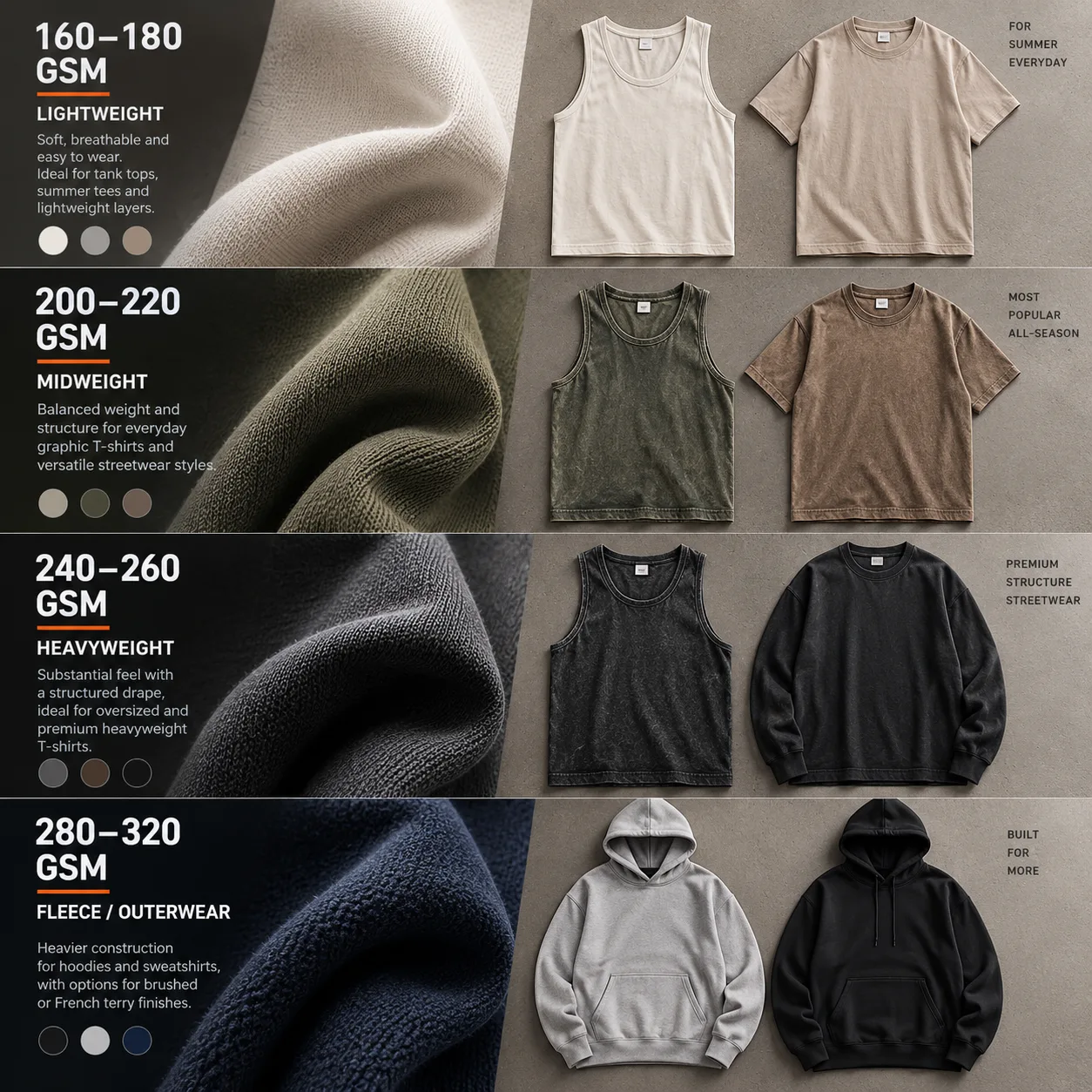Stacked fabric samples displaying cotton GSM options for custom T-shirts