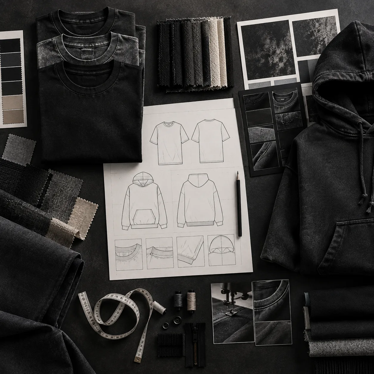 Tailor inspecting finished custom streetwear samples on the GRAPHFORGE production floor