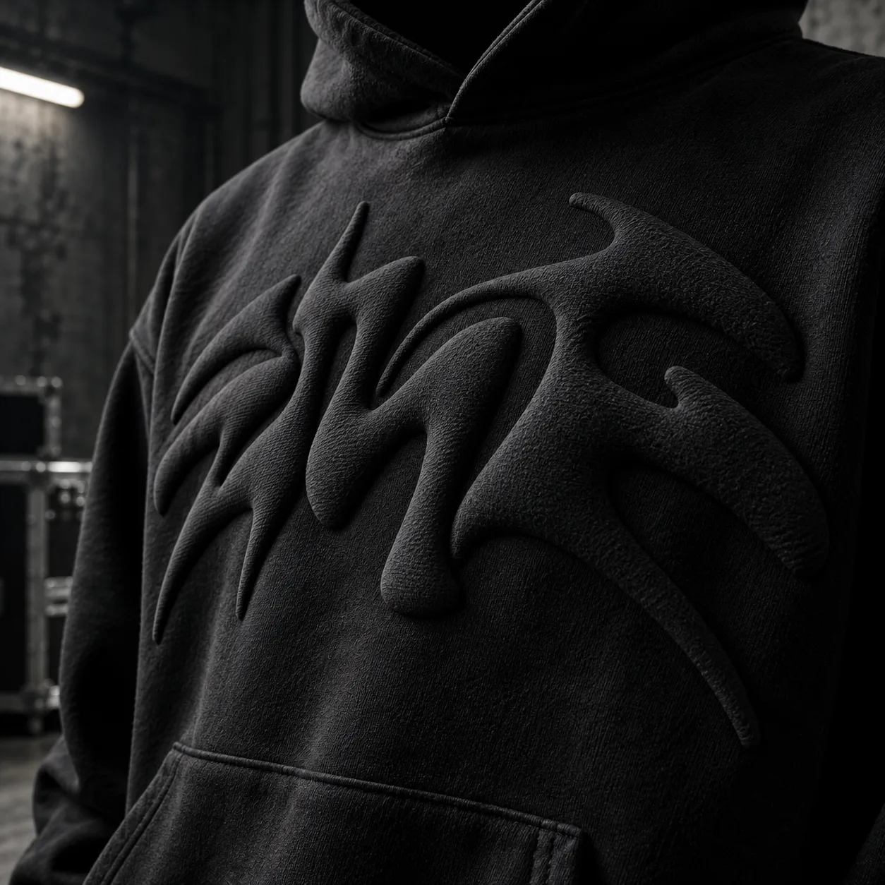 Grauer Acid-Wash-Hoodie mit einer Distressed-Grafik auf der Brust